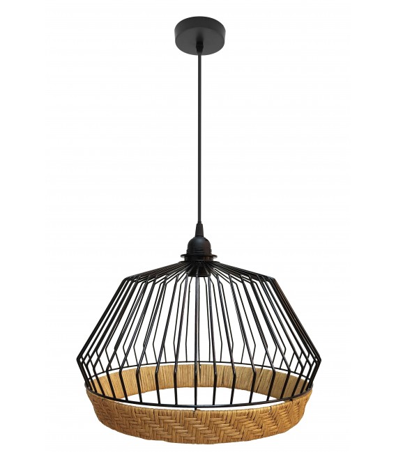 Lámpara de techo boho en metal negro y base de ratán natural. Mdmhogar