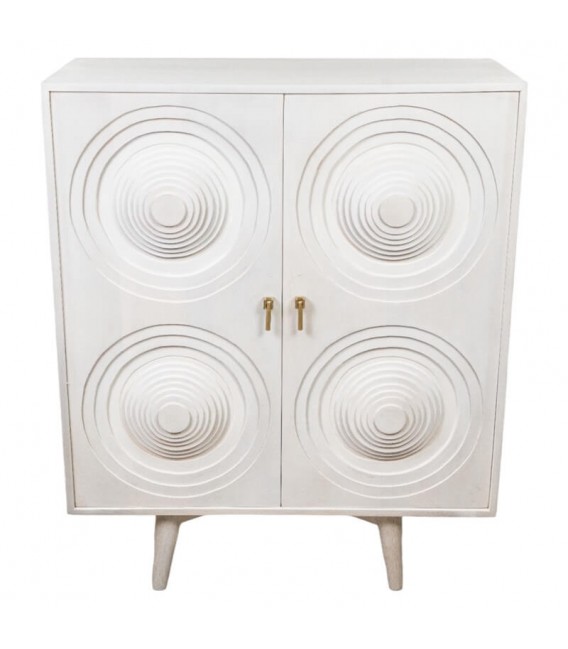 Armario bajo art decó en madera blanca tallada con tiradores dorados.1