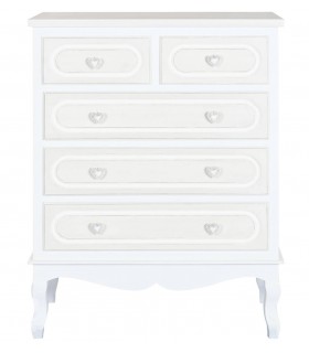 Cómoda alta romántica con 5 cajones en blanco y beige con tiradores. Mdmhogar