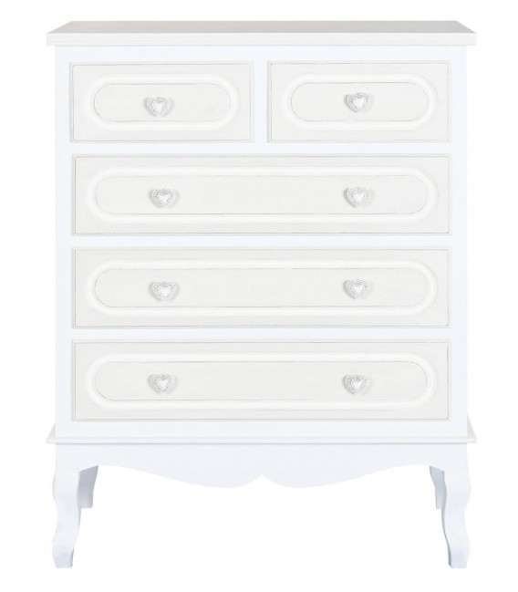 Cómoda alta romántica con 5 cajones en blanco y beige con tiradores. Mdmhogar