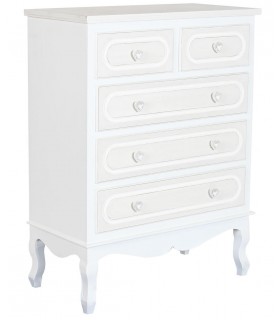 Cómoda alta romántica con 5 cajones en blanco y beige con tiradores. Mdmhogar