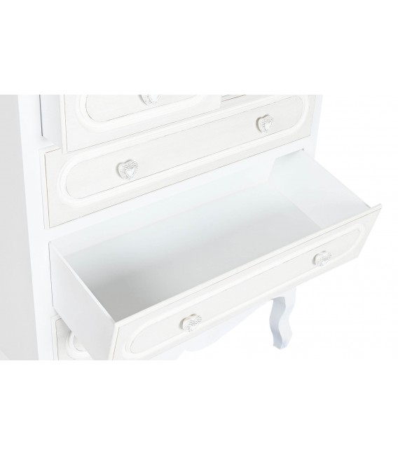 Cómoda alta romántica con 5 cajones en blanco y beige con tiradores. Mdmhogar1