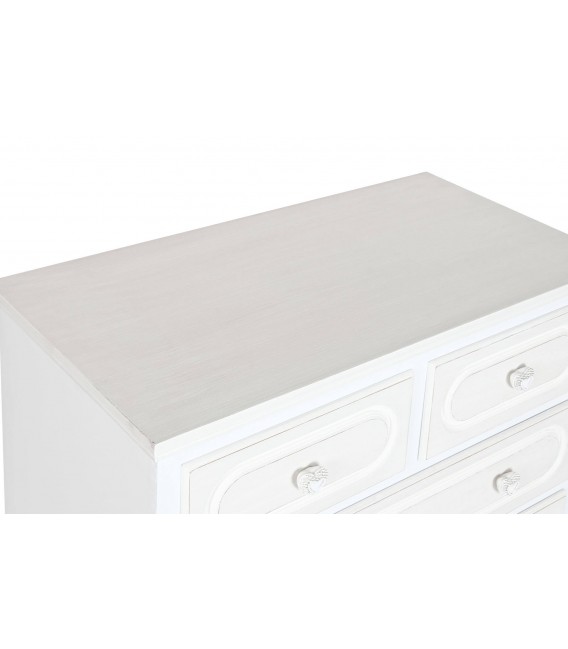 Cómoda alta romántica con 5 cajones en blanco y beige con tiradores. Mdmhogar