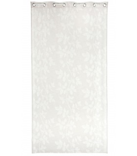 Cortina beige con hojas blancas y anillas cromadas estilo natural. Mdmhogar