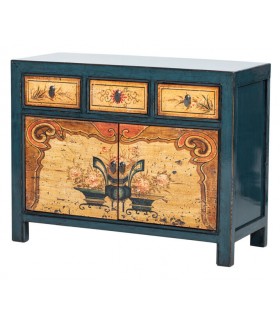 Aparador oriental azul con cajones y puertas decorados a mano. Mdmhogar