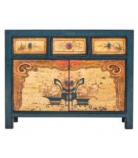 Aparador oriental azul con cajones y puertas decorados a mano.1