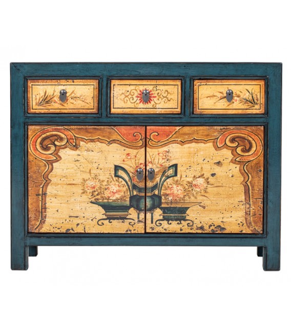 Aparador oriental azul con cajones y puertas decorados a mano.1