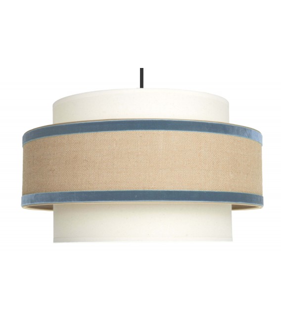 Lámpara de techo boho chic con saco natural y ribetes azul terciopelo