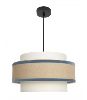 Lámpara de techo boho chic con saco natural y ribetes azul terciopelo Mdmhogar