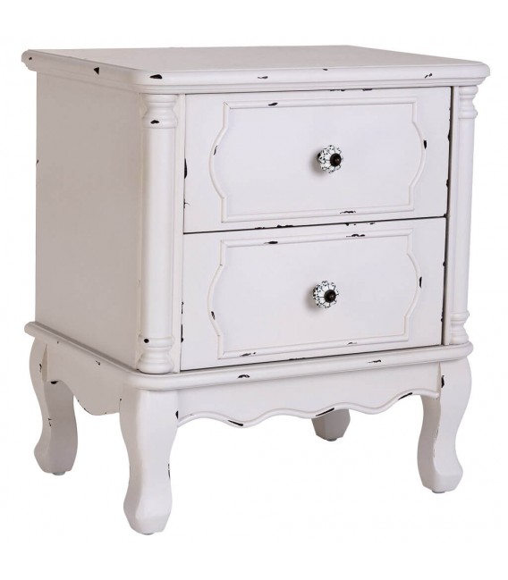 Mesita romántica blanca con 2 cajones tiradores de porcelana decorada Mdmhogar