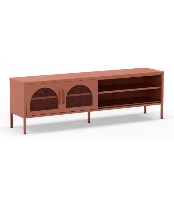 Mueble de TV vintage en metal terracota con 2 puertas baldas abiertas