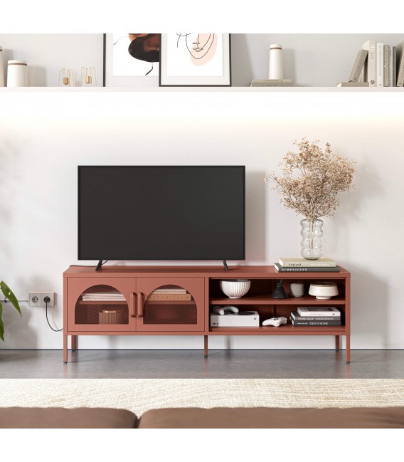 Mueble de TV vintage en metal terracota con 2 puertas baldas abiertas Mdmhogar