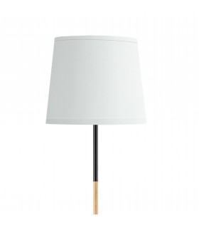 Lámpara nórdica de pie en negro, madera natural y textil blanco