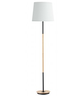 Lámpara nórdica de pie en negro, madera natural y textil blanco Mdmhogar