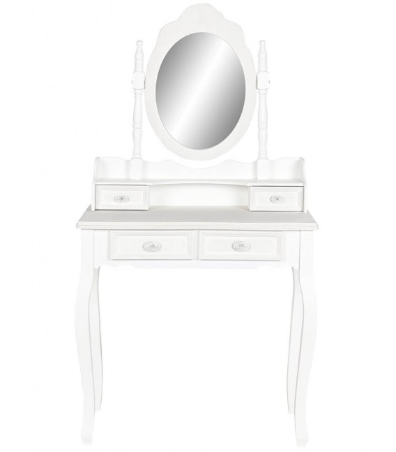 Tocador blanco y beige romántico con espejo ovalado y 4 cajones Mdmhogar