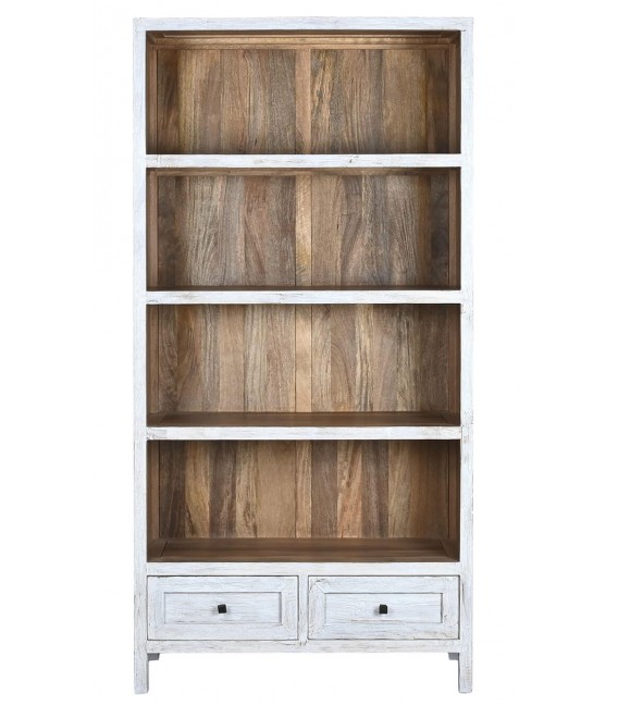 Estantería boho de mango con baldas y cajones en blanco desgastado