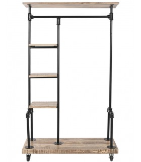 Perchero industrial con ruedas y estantes en madera y metal negro