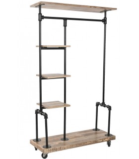 Perchero industrial con ruedas y estantes en madera y metal negro Mdmhogar