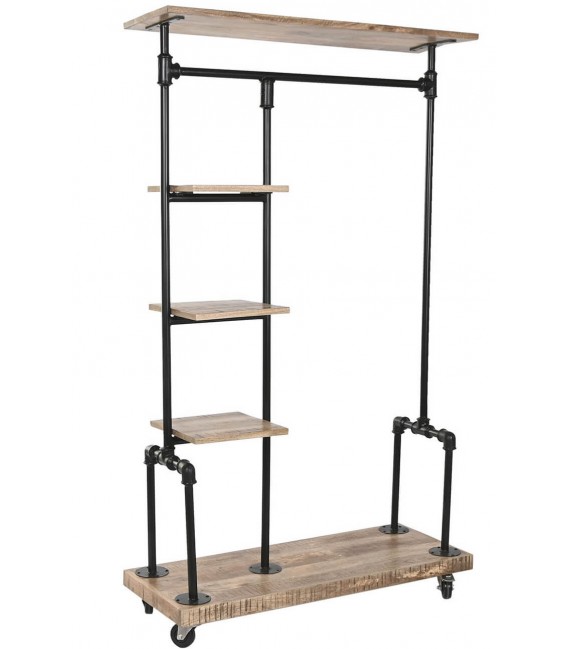 Perchero industrial con ruedas y estantes en madera y metal negro Mdmhogar