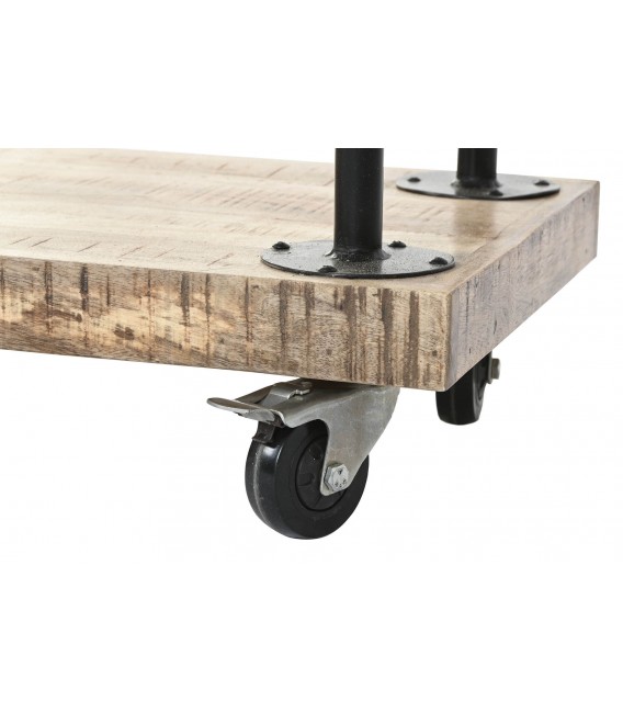Perchero industrial con ruedas y estantes en madera y metal negro