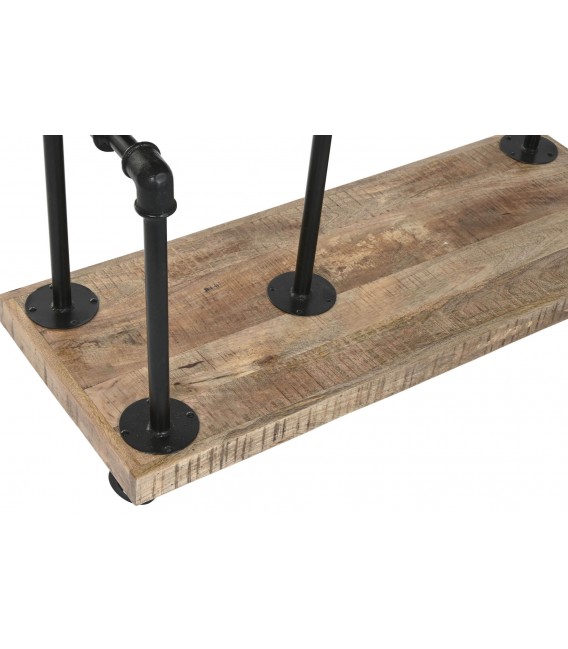 Perchero industrial con ruedas y estantes en madera y metal negro3