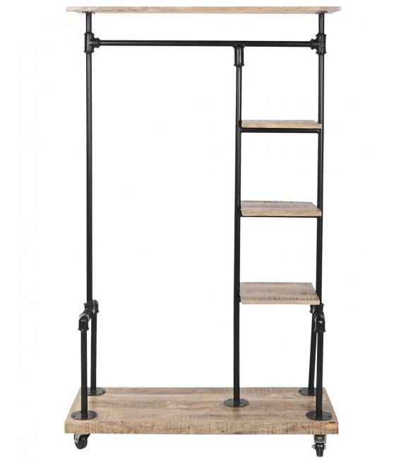 Perchero industrial con ruedas y estantes en madera y metal negro1