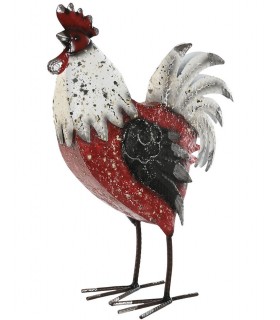 Figura de gallo en metal con acabado vintage en rojo, blanco y negro Mdmhogar