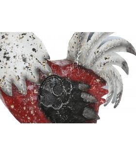 Figura de gallo en metal con acabado vintage en rojo, blanco y negro