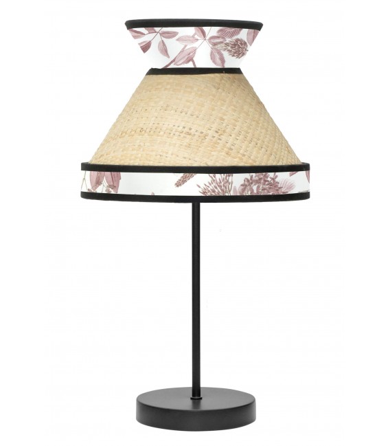 Lámpara de sobremesa oriental en ratán y textil con base negra Mdmhogar