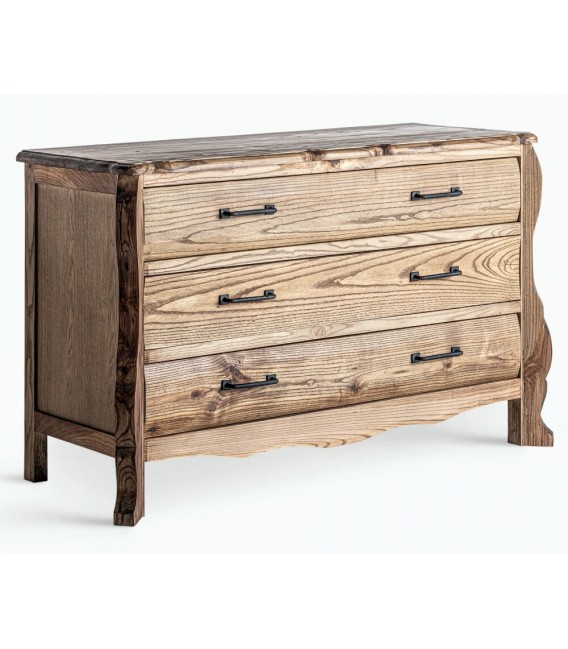 Cómoda clásica de olmo natural con 3 cajones y tiradores de forja Mdmhogar