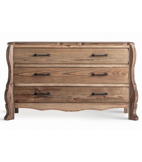 Cómoda clásica de olmo natural con 3 cajones y tiradores de forja