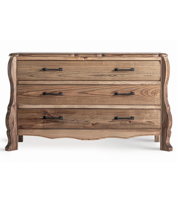 Cómoda clásica de olmo natural con 3 cajones y tiradores de forja
