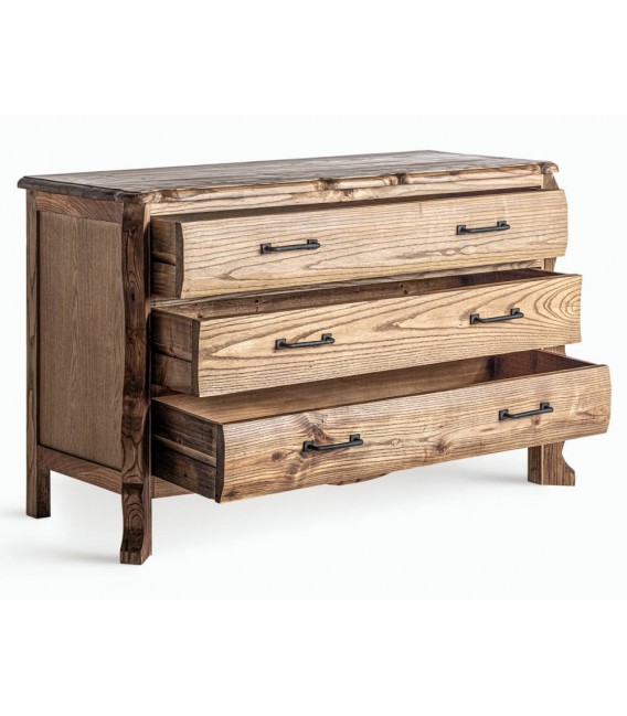 Cómoda clásica de olmo natural con 3 cajones y tiradores de forja1