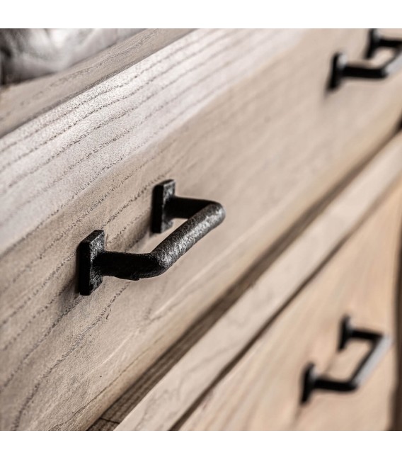 Cómoda clásica de olmo natural con 3 cajones y tiradores de forja2