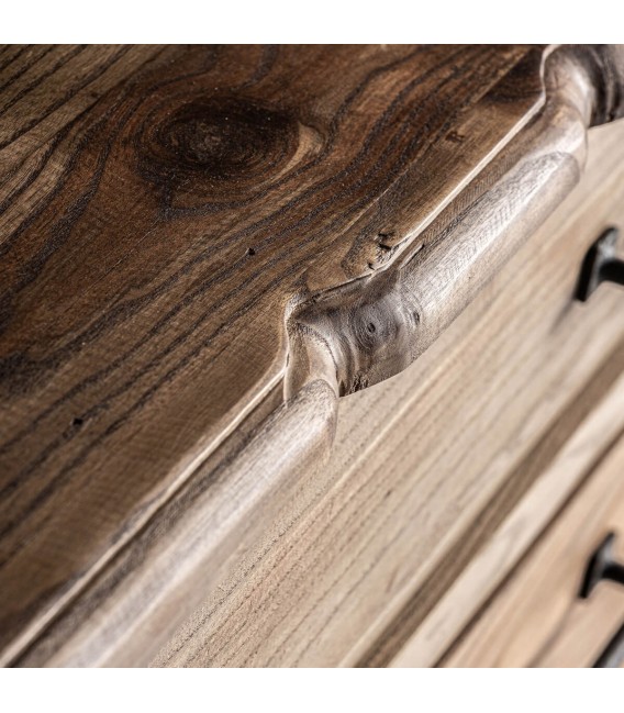 Cómoda clásica de olmo natural con 3 cajones y tiradores de forja3