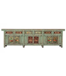 Aparador antiguo oriental verde con flores pintadas a mano y gran formato