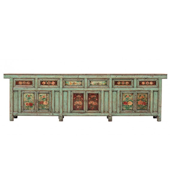 Aparador antiguo oriental verde con flores pintadas a mano y gran formato