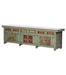 Aparador antiguo oriental verde con flores pintadas a mano y gran formato Mdmhogar