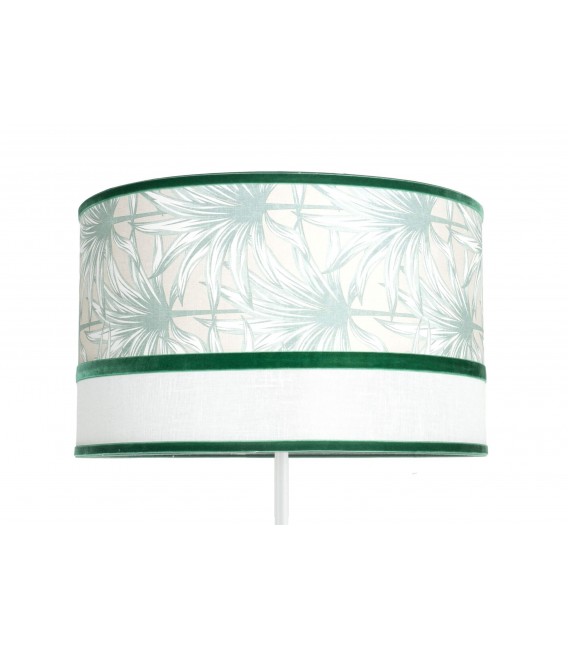 Lámpara de pie boho con pantalla verde y blanca y base blanca minimal