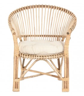 Sillón de comedor colonial de ratán y bambú natural con cojín