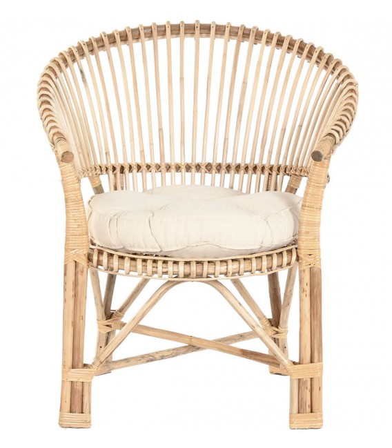 Sillón de comedor colonial de ratán y bambú natural con cojín
