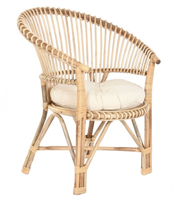 Sillón de comedor colonial de ratán y bambú natural con cojín Mdmhogar