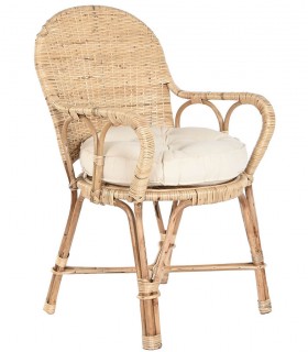 Sillón de comedor colonial de bambú natural con cojín blanco Mdmhogar