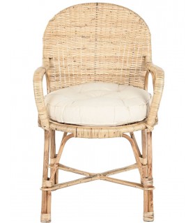 Sillón de comedor colonial de bambú natural con cojín blanco