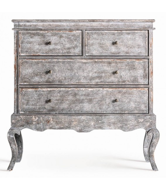 Cómoda clásica gris con 4 cajones y acabado decapado en madera tallada1