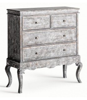Cómoda clásica gris con 4 cajones y acabado decapado en madera tallada Mdmhogar