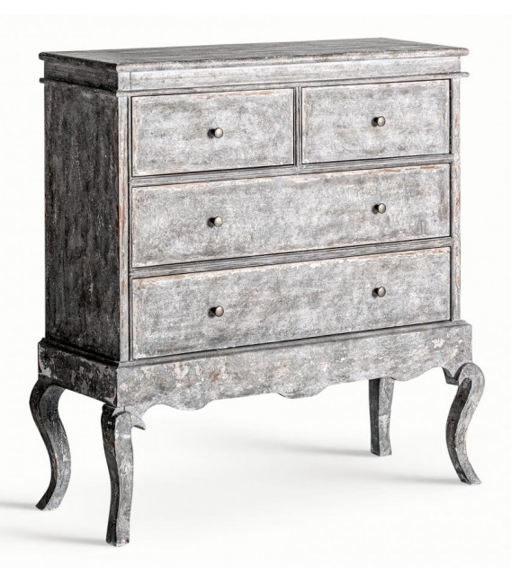 Cómoda clásica gris con 4 cajones y acabado decapado en madera tallada Mdmhogar