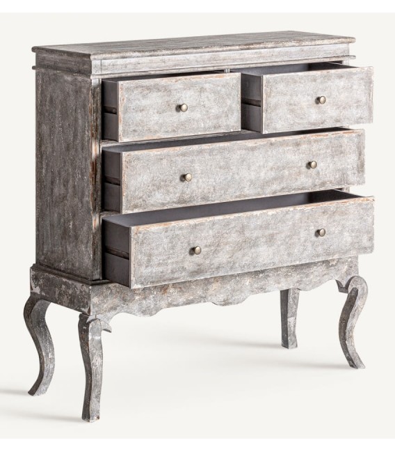 Cómoda clásica gris con 4 cajones y acabado decapado en madera tallada2