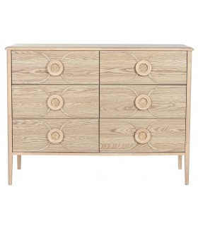 Cómoda oriental chic de abeto natural con 6 cajones y tiradores de ratán1