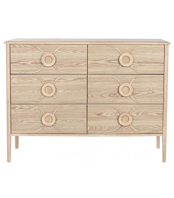 Cómoda oriental chic de abeto natural con 6 cajones y tiradores de ratán1